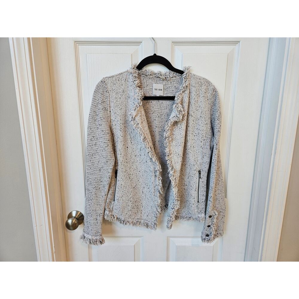 NIC+ZOE Fringe Tweed Knit Jacket Women Medium Open Front Cream Black Moto